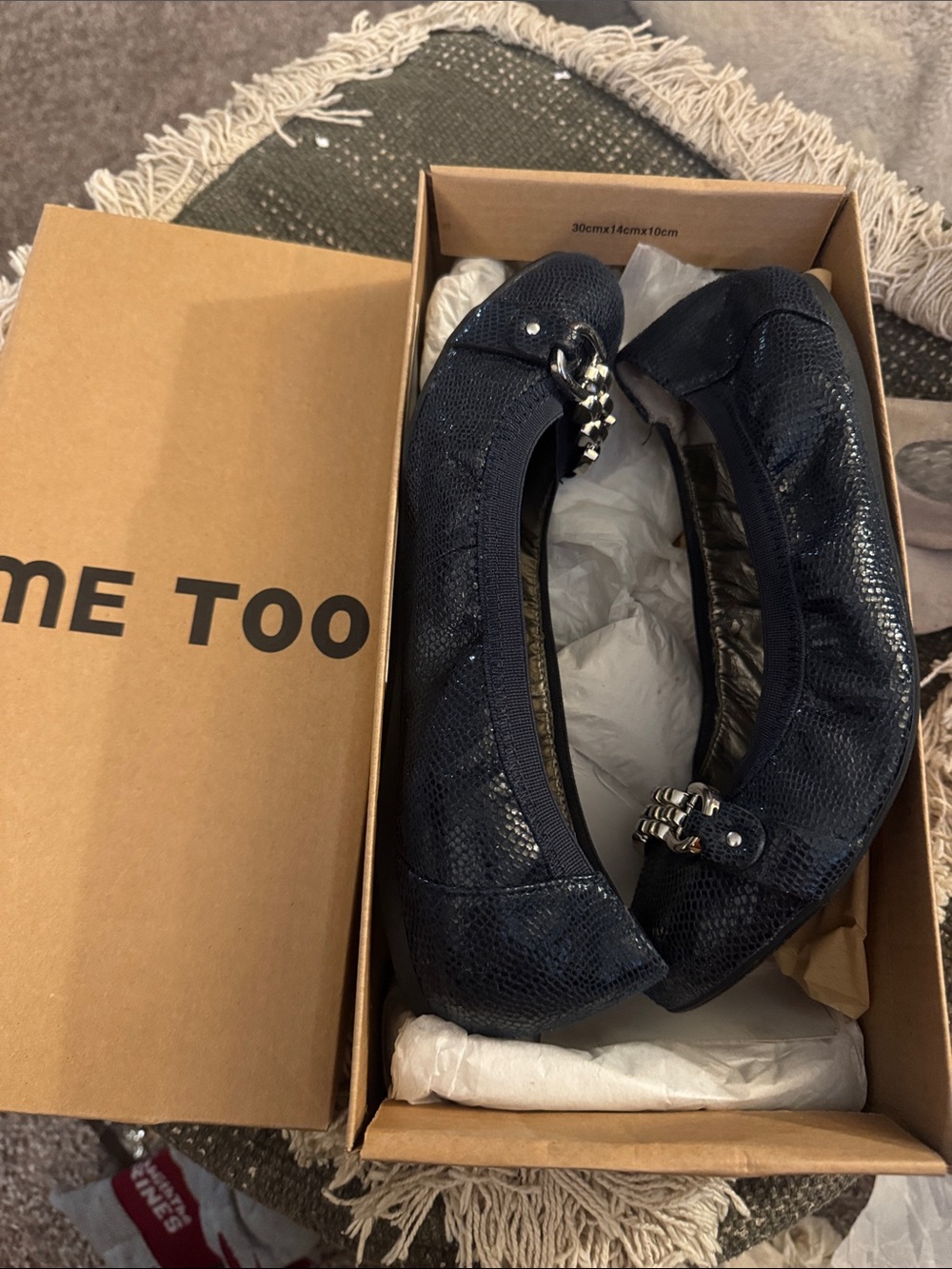 me too Navy Snake-Embossed Ballet Flats with Silver Chain